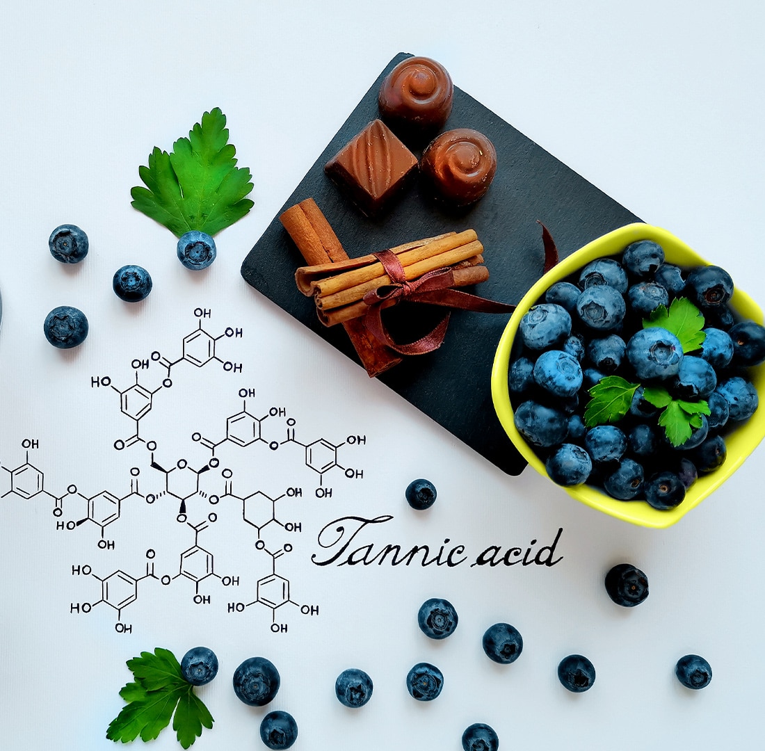 polyphenols like chocolate and blueberries on a plate with the tannic acid code.