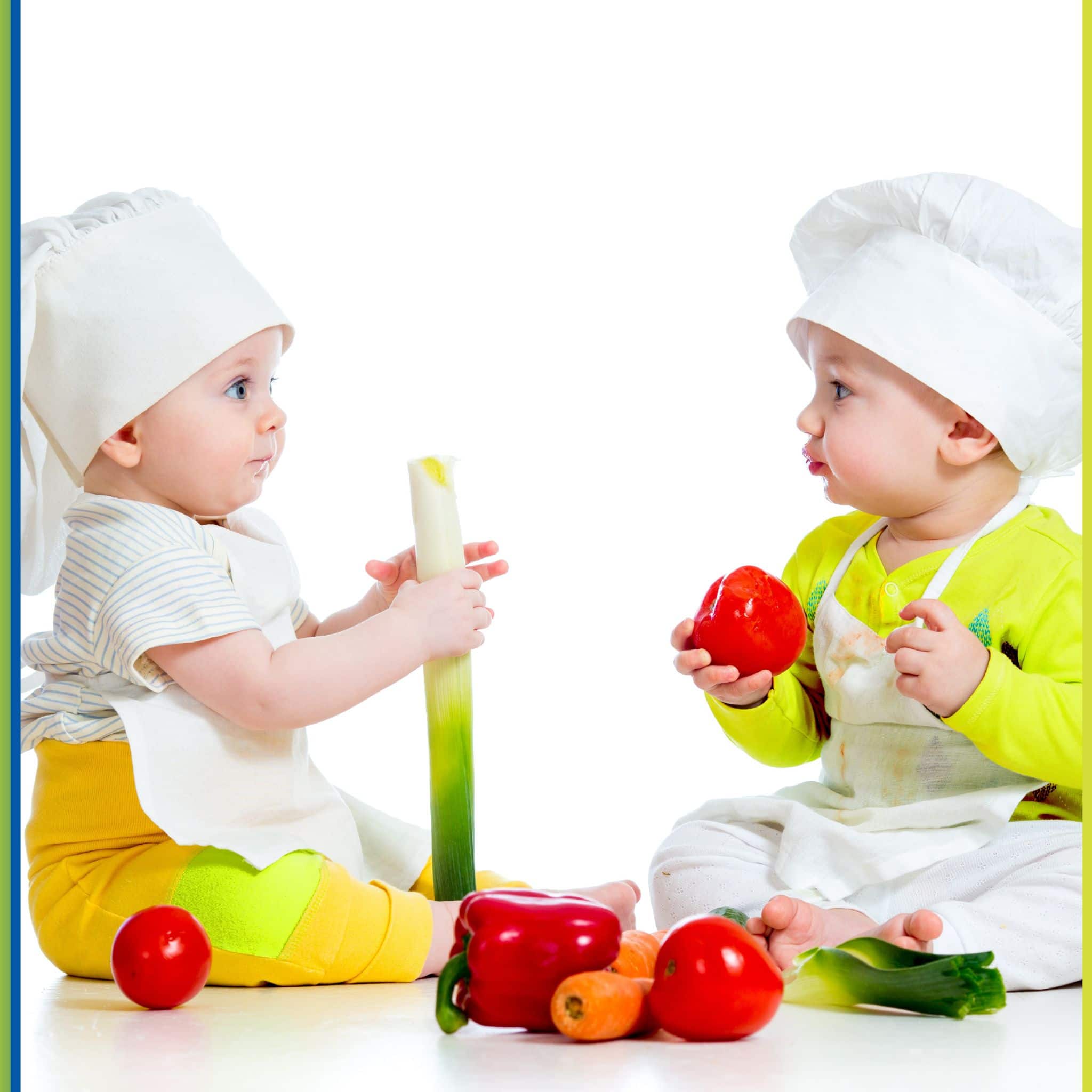 Two babies playing with vegetables