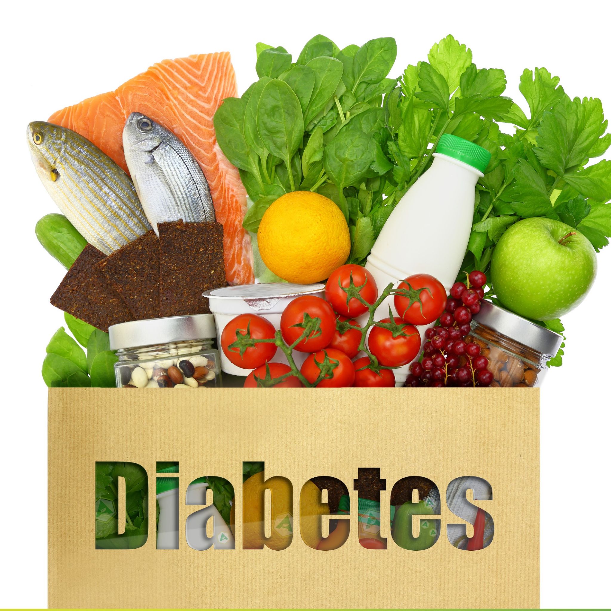 Brown paper bag with food in it and the word diabetes on the bag.