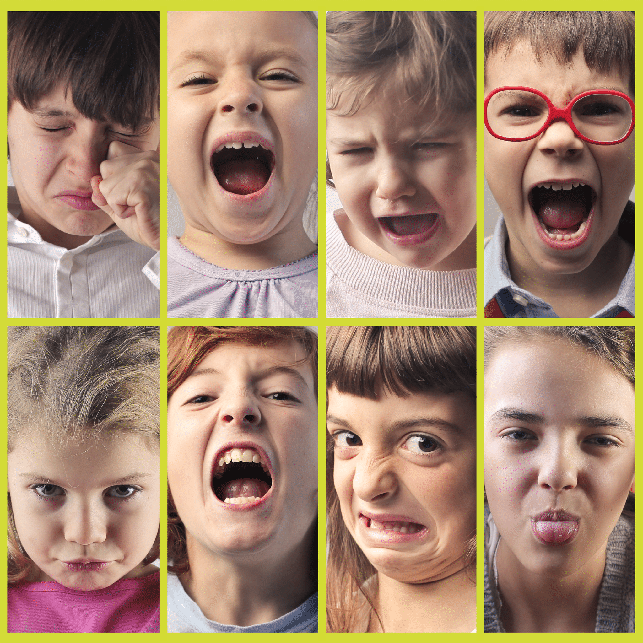 8 pictures of children showing different moods