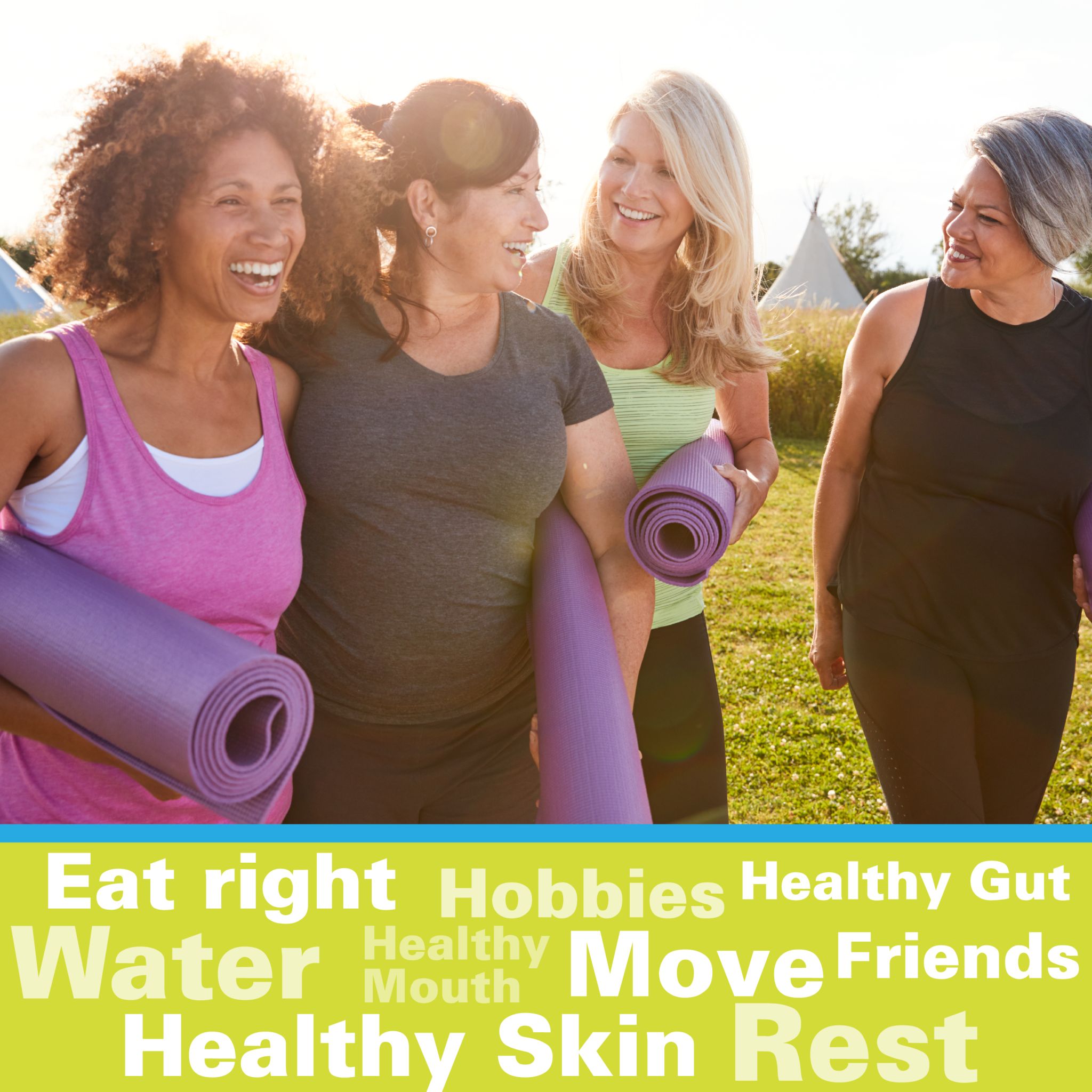 4 Women walking and talking with yoga mats