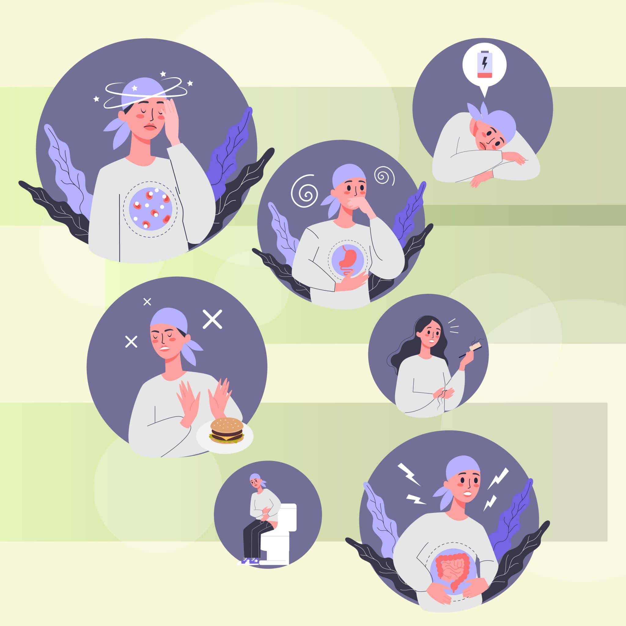 Cartoon of a woman experiencing the symptoms of going through chemotherapy