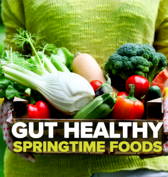 woman holding vegetables with Gut Healthy Springtime Foods